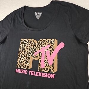 MTV Pink Animal Leopard Print Logo Black‎ 80's Style Juniors T-Shirt Size 3